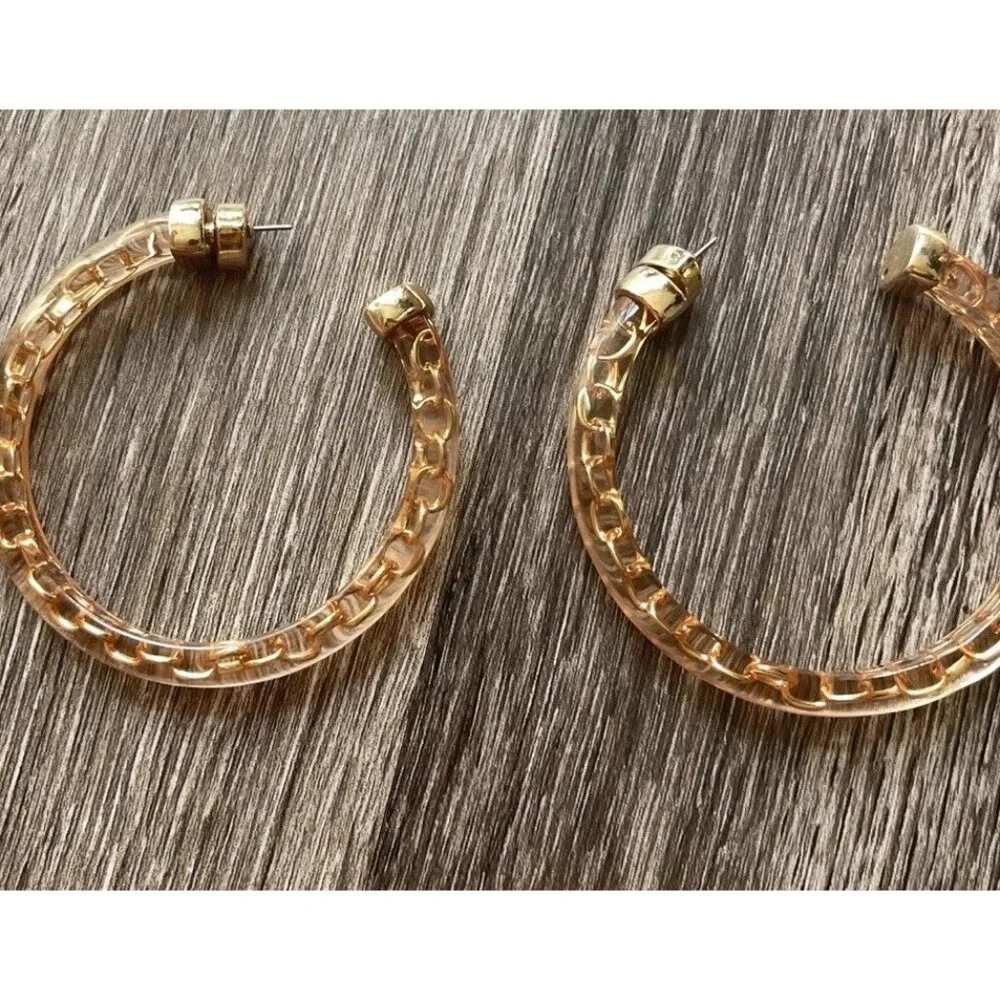 Vintage 80’s Largo Gold Tone Hoop Dangle Earrings Poured Lucite Statement Sz 3”
